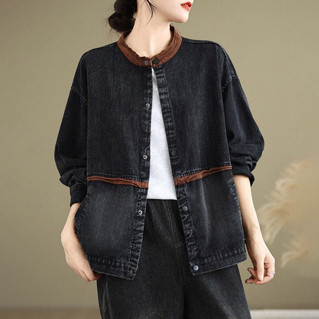 꽃소담 여성 봄가을 루즈핏 라운드넥 청자켓 노카라 배색 데님 코트 MQ102