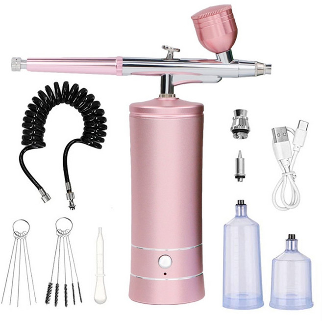 얼굴 아름다움 네일 자동 스프레이 압축기 충전식 액션 대한 무선 공예 에어 케이크 건과 휴대용 아트 페인트에 브러시, 4)pink set, 4)pink set
