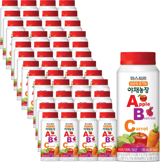 파스퇴르 100% 유기농 야채농장 ABC 냉장주스, 190ml, 48개