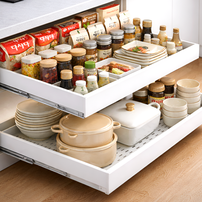 르오망 슬라이딩 레일 선반 무타공 부착식 길이조절 싱크대 하부장, 1개, 화이트(확장형)