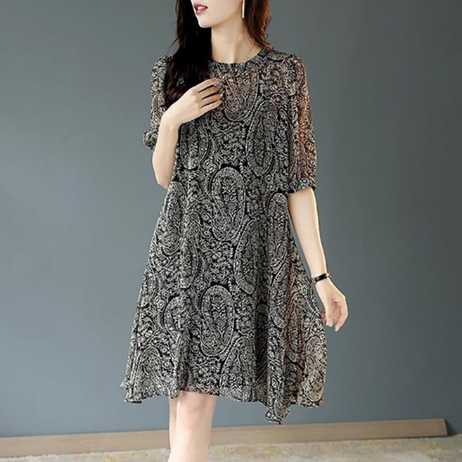 ORZQU 여름 여성 라운드 프린트 원피스 루즈핏 캐주얼 반팔 쉬폰 원피스