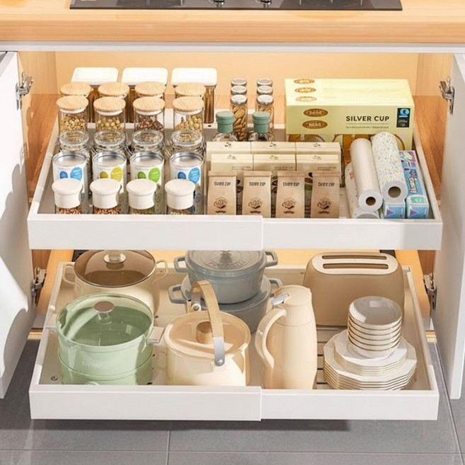 홈디메르 슬라이딩선반 주방수납장 하부장 넓이 길이조절 수납함 옷정리 양념통 레일 선반, 화이트