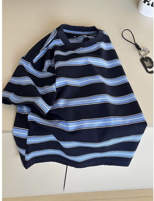 델루비오 남녀공용 오버핏 굵은 단가라 반팔 티 빈티지 워싱 스트라이프 반팔