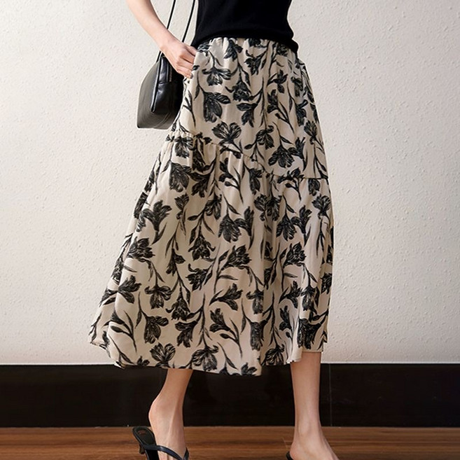 삼제태전 여성 여름용 프린트 스커트 A라인 롱 치마