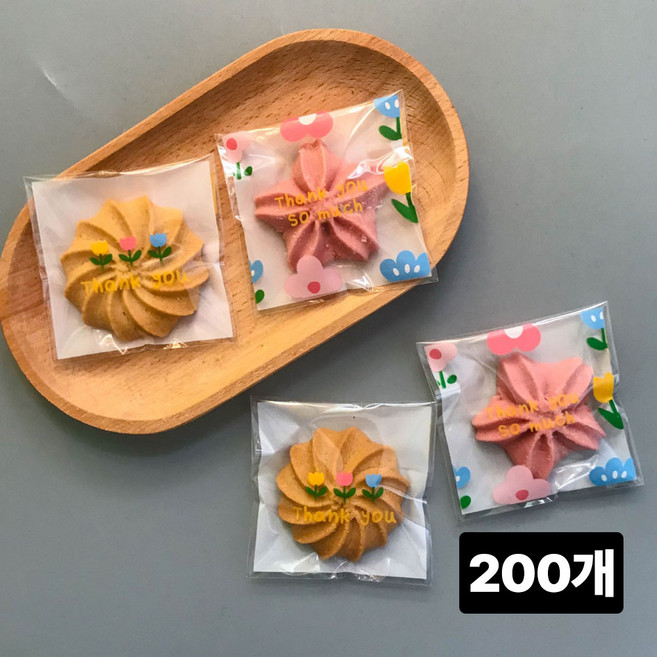 펀펀스마일 플라워 쿠키 포장 OPP 투명접착봉투, 200개
