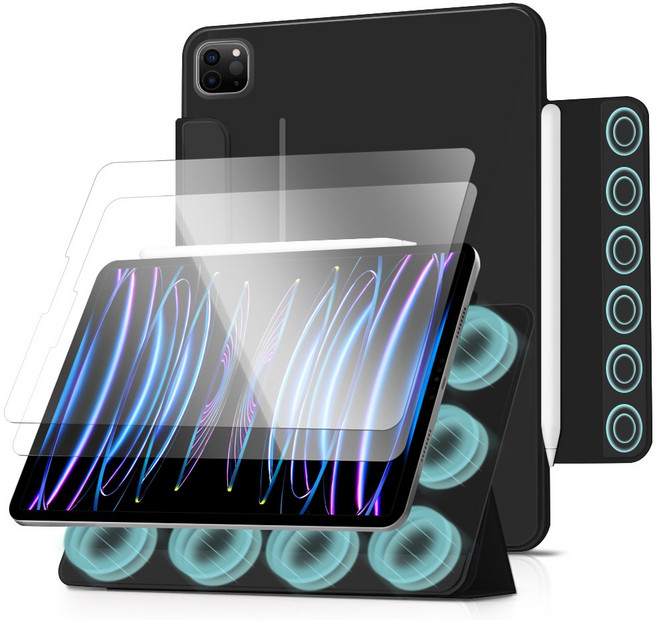 더조은셀러 아이패드 호환 3단 폴리오 마그네틱 케이스 2매입 유리필름 포함, 블랙, 1개
