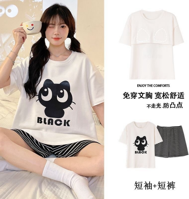 一體式帶胸墊睡衣女夏季短袖短褲可愛卡通家居服