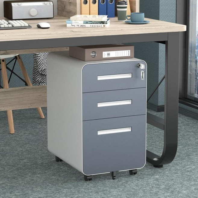 辦公室文件櫃 鐵皮矮櫃 帶鎖三抽屜活動櫃, 一字拉手白色(整裝),1.3mm