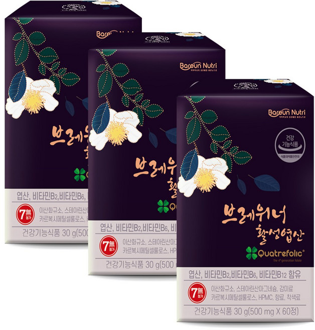 브레위너 활성 엽산 1000 무첨가 임신 준비 임산부 영양제, 60정, 3개