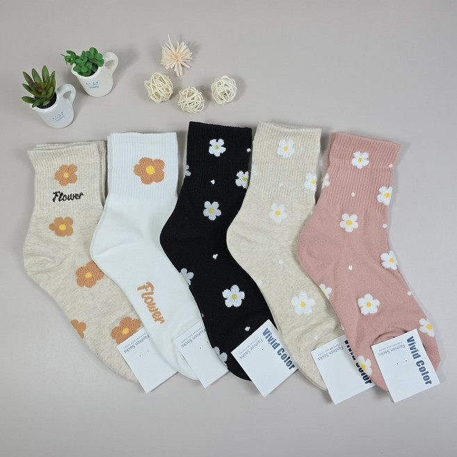 국산 여자 학생 중목 귀여운 꽃 양말 교복 여성 면 캐주얼