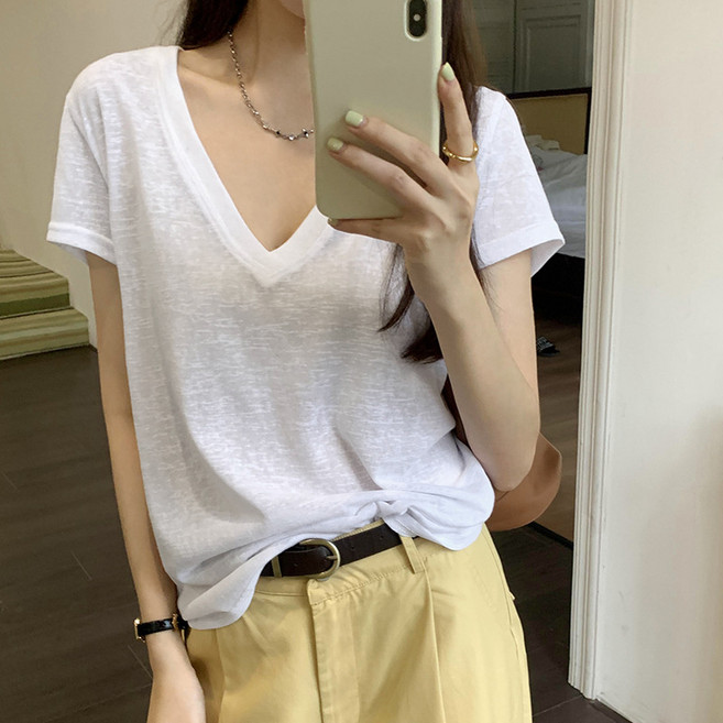 AOKADA 여성 딥 브이넥 반팔 티셔츠 이너티 슬라브 면 베이직 면티