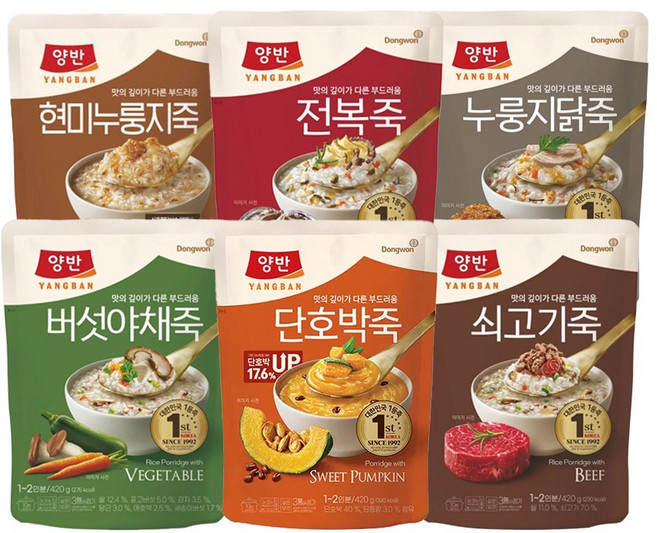 동원 양반죽 420g 현미누룽지3＋전복죽3＋누룽지닭죽3＋야채죽3＋단호박죽3＋쇠고기죽3/총18개입/파우치형/영양죽/무료배송, 18개
