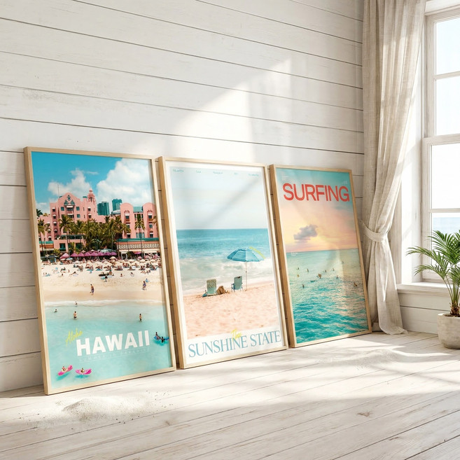 컨티뉴 하와이 바다 서핑 프리미엄 포스터 3종 세트 A3 42cm, 일러스트