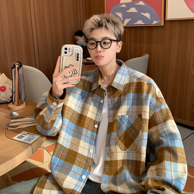 【復古小眾】格子襯衫 男襯衫 長袖襯衫 春秋襯衫 薄款襯衫 復古綠格紋 設計感廓形 防紫外線 春秋疊穿 日常通勤