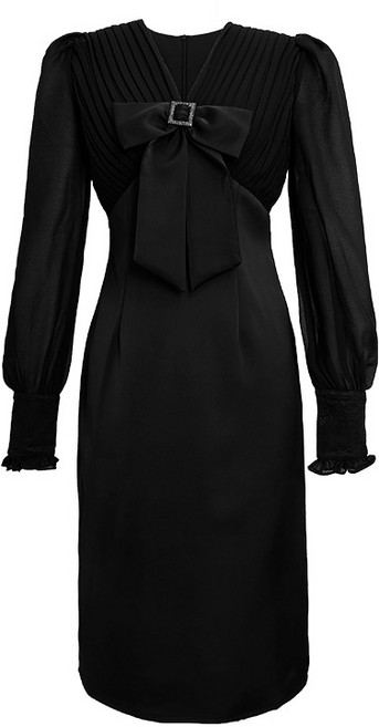 【赫本風減齡】連衣裙 禮服裙 小黑裙 長袖連衣裙 收腰連衣裙 V領蝴蝶結 黑色長裙 2026春裝新款 年會派對 氣質通勤, 黑色