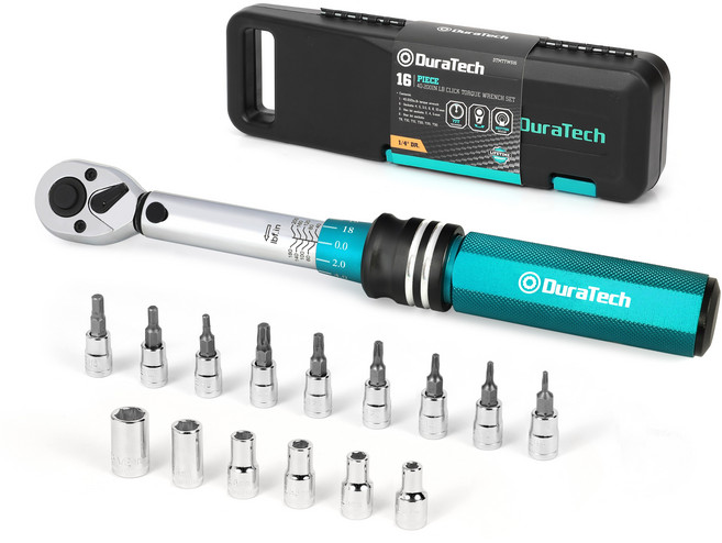 DURATECH 1/4인치 16pc 토크렌치 세트 휴대용 자전거공구 라쳇 자동차 수리 기계설비 작업용 렌치 조정 가능한 토크 키트 스케일 포함, DTMTTWS16VK, 1세트