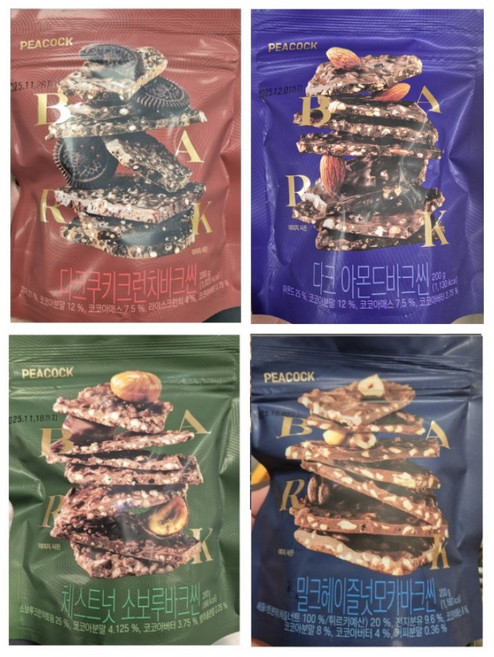 피코크 바크씬 4종(밀크헤이즐넛모카+체스트넛소보루+다크쿠키크런치+다크아몬드) 각 1개씩, 1세트, 800g