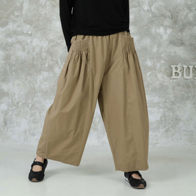 벅시루 여성 핀턱셔링 면 포켓 여자 미시 9부 밴딩 통바지 배기바지