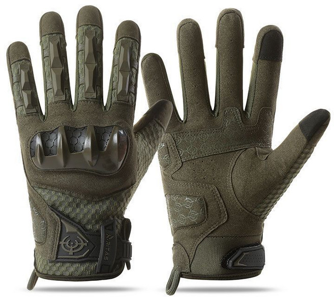 戶外專業運動防摔觸控手套 機車騎行防護訓練攀巖防滑多功能手套, 赫布骨架殼長指--綠色,XXL