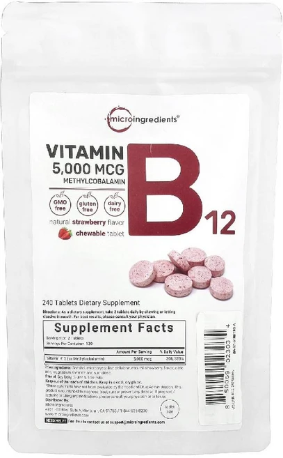 Micro Ingredients 비타민B12 메틸코발라민 딸기 맛 츄어블 240정, 1개 - 쿠팡