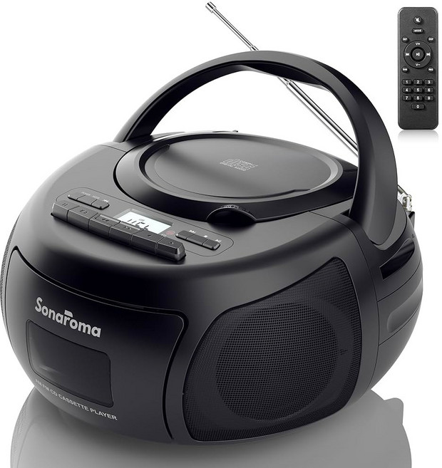 CD 카세트 플레이어 콤보 배터리 작동 블루투스 붐박스 USB MP3 AM/FM 라디오 헤드폰 잭 레트로 음악 플레이어(블랙), Black