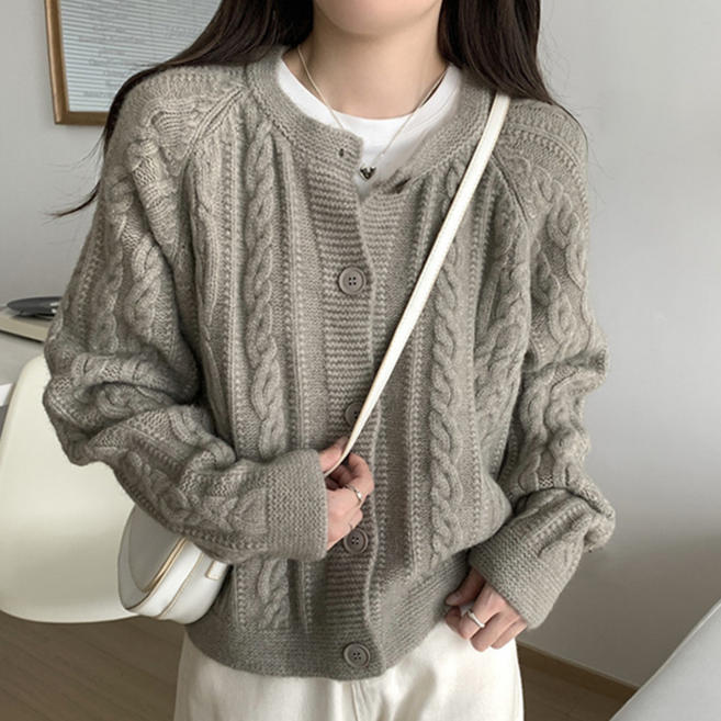 NUNUHANA 여성 라운드넥 루즈핏 꽈배기 니트 가디건