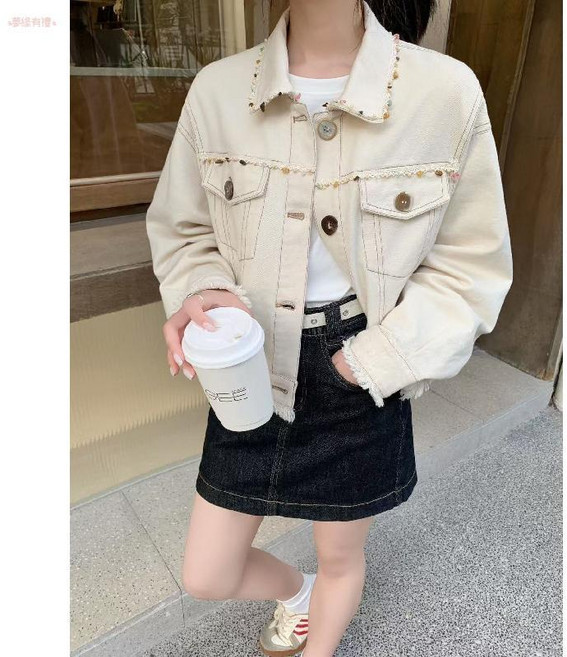 氣質翻領拼蕾絲釘珠毛邊牛仔短外套女