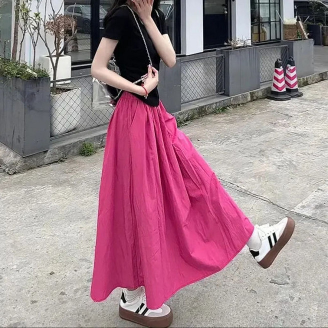 여름 여성 롱스커트 빅사이즈 루즈핏 우산 롱치마 데일리 하이웨스트 여자 a라인 스커트 YSQ