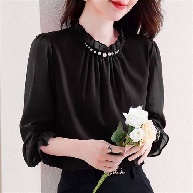besteffie 하객룩 블라우스 긴팔 블라우스 봄 가을 오피스룩 진주 장식 하이넥 셔링 퍼프소매 우아한 셔츠 E55