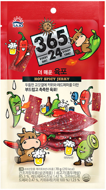 해표 365 24 더 매운 육포, 70g, 7개