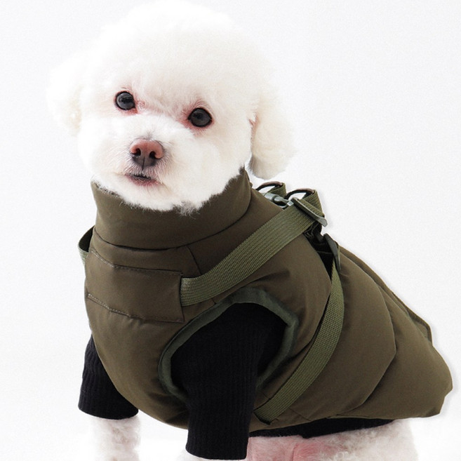 독스랩 강아지 패딩 하네스 산책 조끼 겨울옷, 1개, 카키