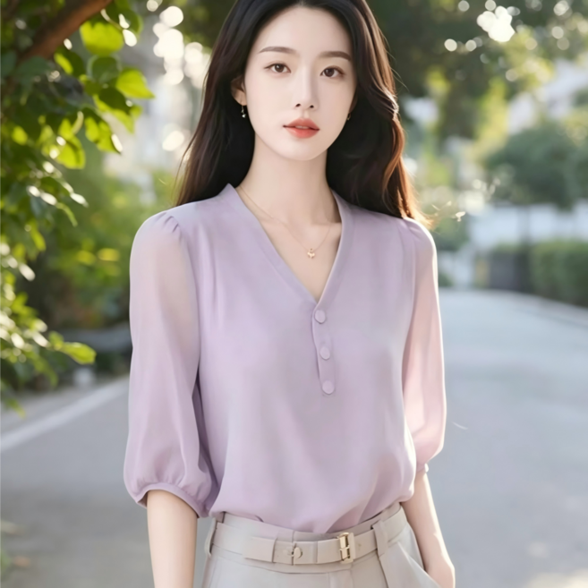 루스리더 여성 여름 브이넥 시스루 쉬폰 블라우스 V500