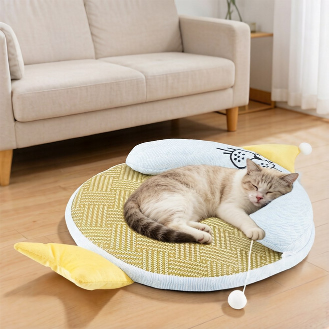 시원한 통기성 대형 고양이 아이스 빈 매트 진공 포장 척추 보호 고양이 숨숨집 침대, 1개, 블루