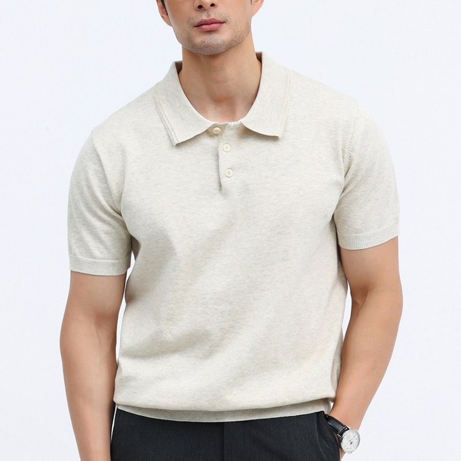 글리멜로 남자 여름 면 혼방 무지 니트 카라 반팔 티셔츠