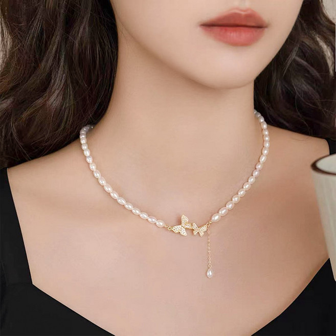 백송 디어 로맨틱 나비 진주 초커 목걸이 러블리 우아한 포인트 하객룩 여성 주얼리