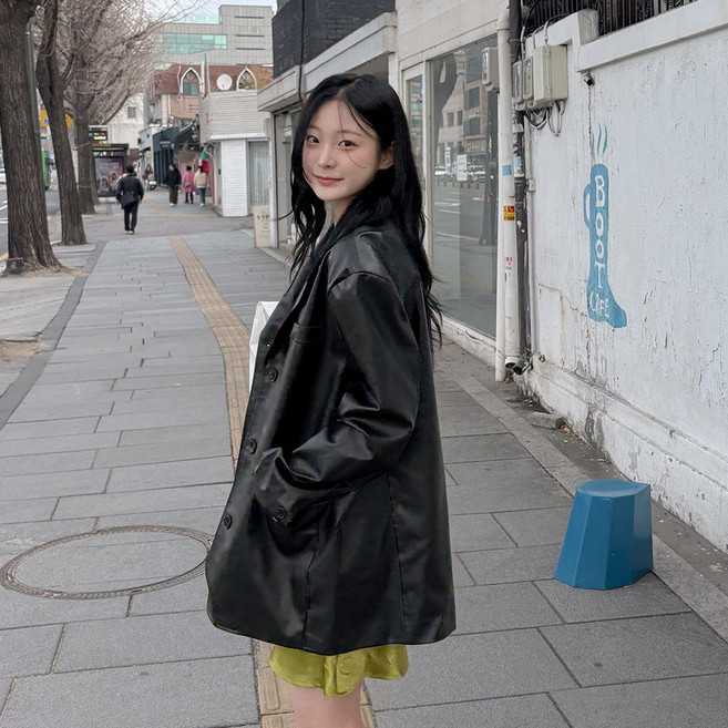 [빅사이즈 55-100] 엣지 오버핏 레더 싱글 자켓 여성 빅사이즈 여자 플러스사이즈 어거스트플랜