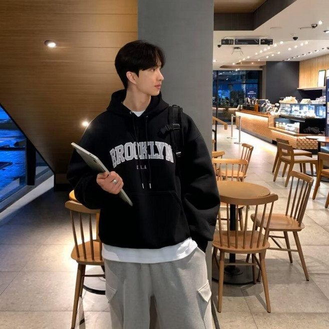 스타일닥터 남성 캐주얼 맨투맨 빅사이즈 오버핏 후드티 봄가을 패션 프린트 긴팔