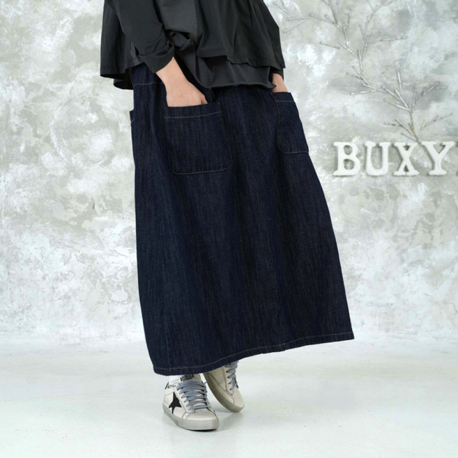 벅시루 여성 노바디진 앞뒤포켓 린넨 데님 밴딩 A라인 간절기 여름 롱 청치마 467
