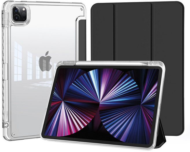 DUNNO 펜 슬롯이 있는 투명 하드 아크릴 아이패드 케이스, 1개, 아이패드 프로11 1/2/3/4세대, 블랙