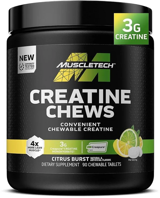 MuscleTech | 크레아틴 츄 근육 회복 빌더 및 에너지 부스트를 위한 Creapure 모노하이드레이트 보충제 남성 여성용 운동 전 시트러스 버스트 츄어블 태블릿 90정, 90 Count (Pack of 1), 1 - 쿠팡