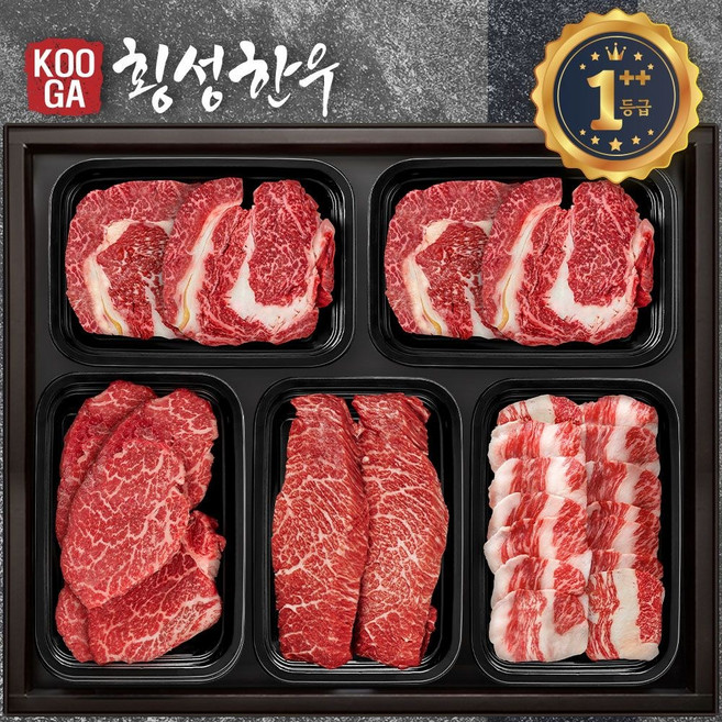 (냉장 냉동) 횡성한우 어사품 1더블Plus 등급 5구세트 (등심 등심 안채 특수 차돌) 2.5kg 근내지방도7이상 dhy41110bY