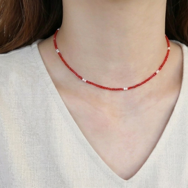 실버925 레드 스피넬 비즈목걸이 담수진주 포인트목걸이