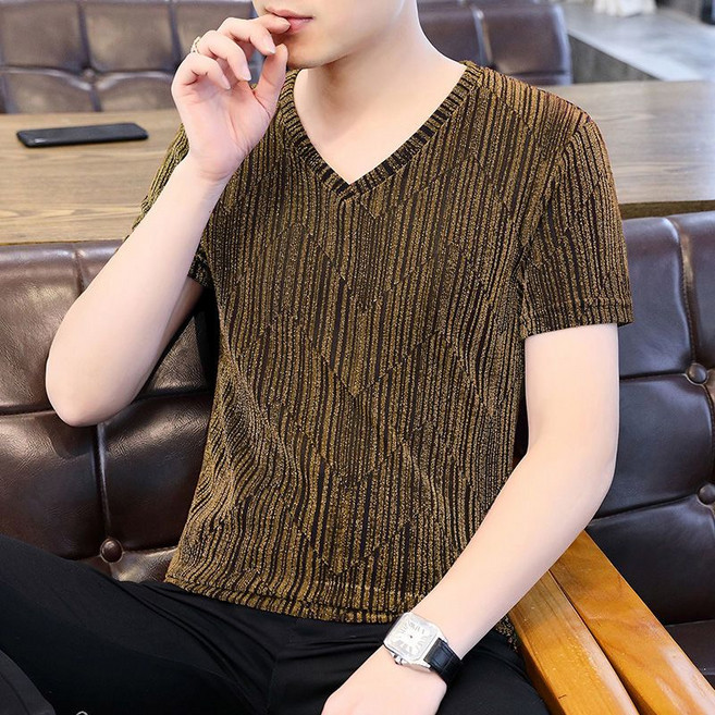 페이준 남자 여름 반팔 티 브이넥 펀칭 슬림 반팔 샤이닝 티셔츠 LN3908