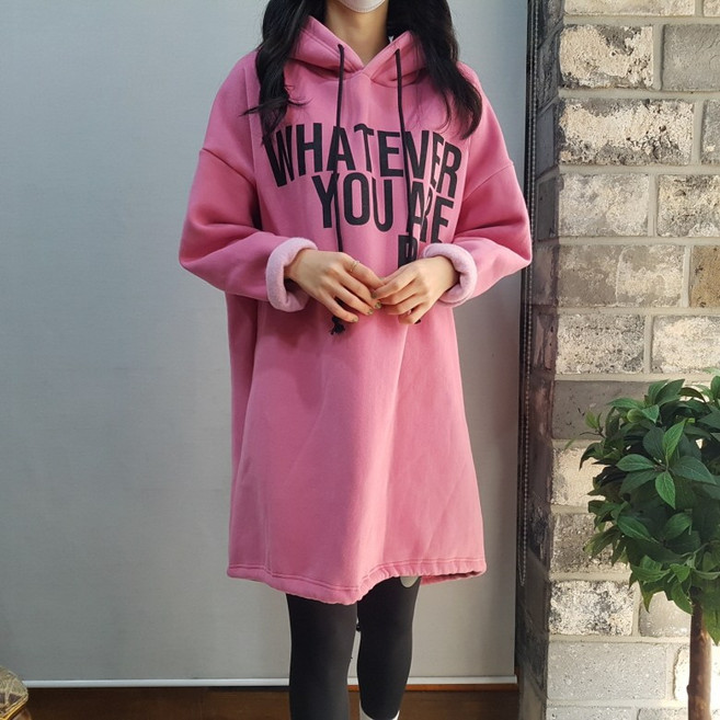 상상그이상 기모 프렌치 후드 오버핏 롱 티셔츠 원피스
