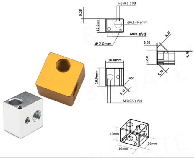 프린트 헤드 압출기 J-헤드 알루미늄 블록용 3D 프린터 액세서리 가열 블록 MK7 MK8 MK10 V5 V6 PT100 Volcano CR10, 1PCS, V5 Gold, 1개