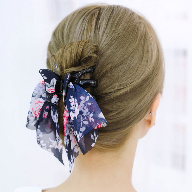 로라하 국산 성인 여성 아동 쉬폰 왕리본 올림머리 반머리 반묶음 헤어 머리 집게핀 나빌레라