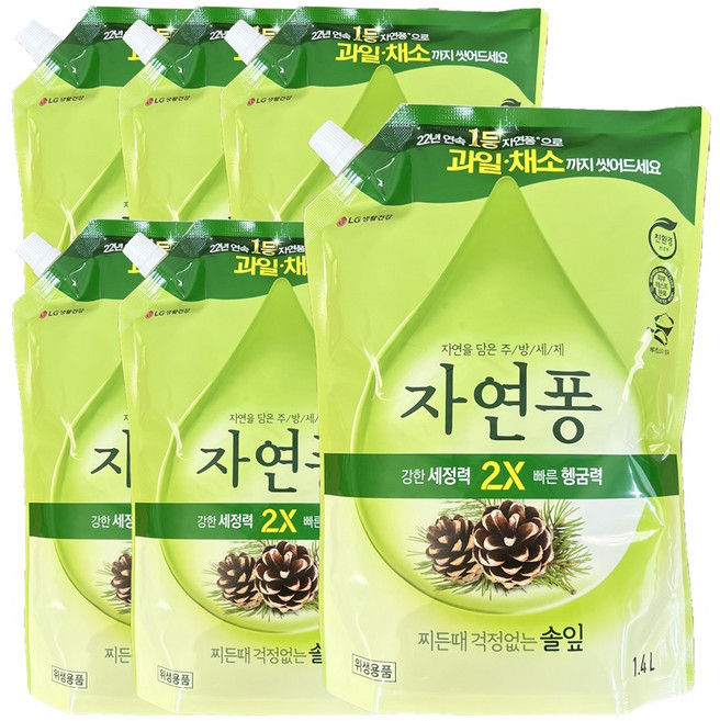 자연퐁 찌든때 걱정없는 솔잎 주방세제 리필 파우치형, 6개, 1.4L