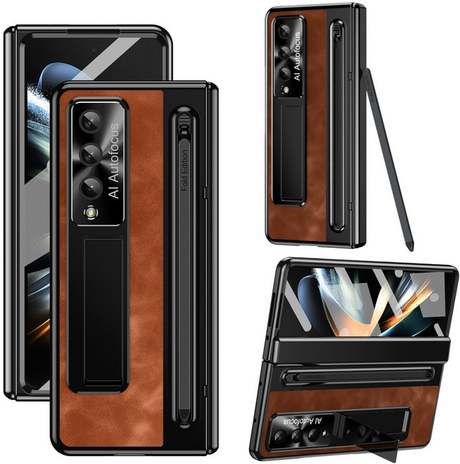 Elvo 갤럭시 Z폴드 7 6 5 가죽 케이스 힌지보호 일체형 액정보호필름 히든 거치대 S펜 포함 풀커버 케이스