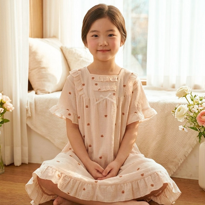 캐리루시 아동 주니어 시원한 요루 스퀘어넥 공주님 홈드레스 프릴 반팔 잠옷 원피스