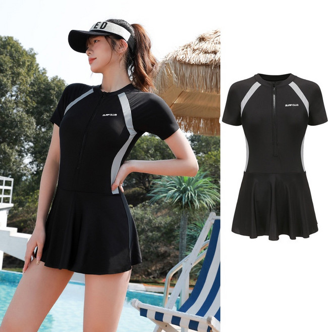 連身泳裝 運動泳衣 女士連體 裙式溫泉泳裝 保守 顯瘦 游泳 健身 戶外, 黑色,XXL